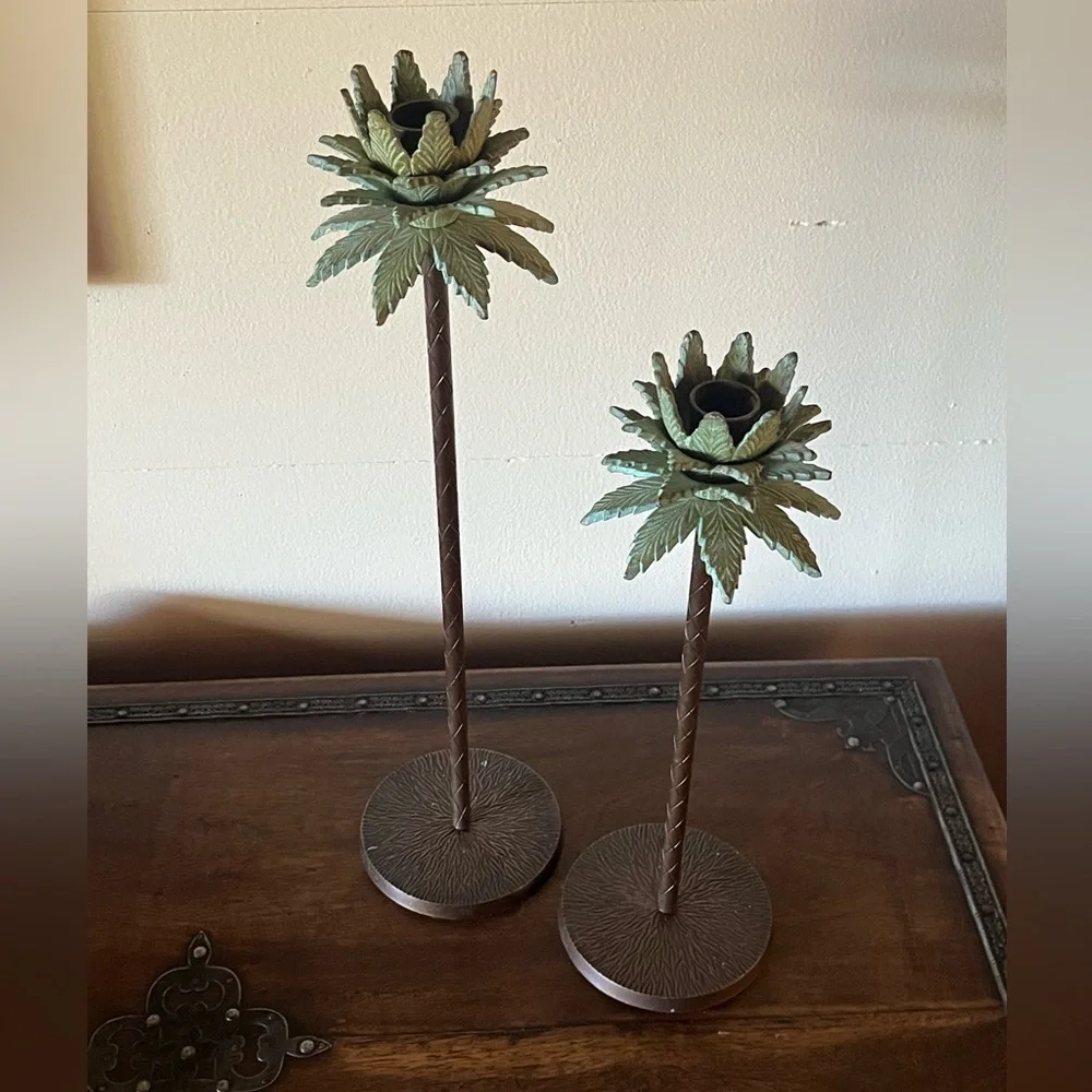 Set of 2 Vintage Brass Palm Tree Candle Holders Candlesticks 17